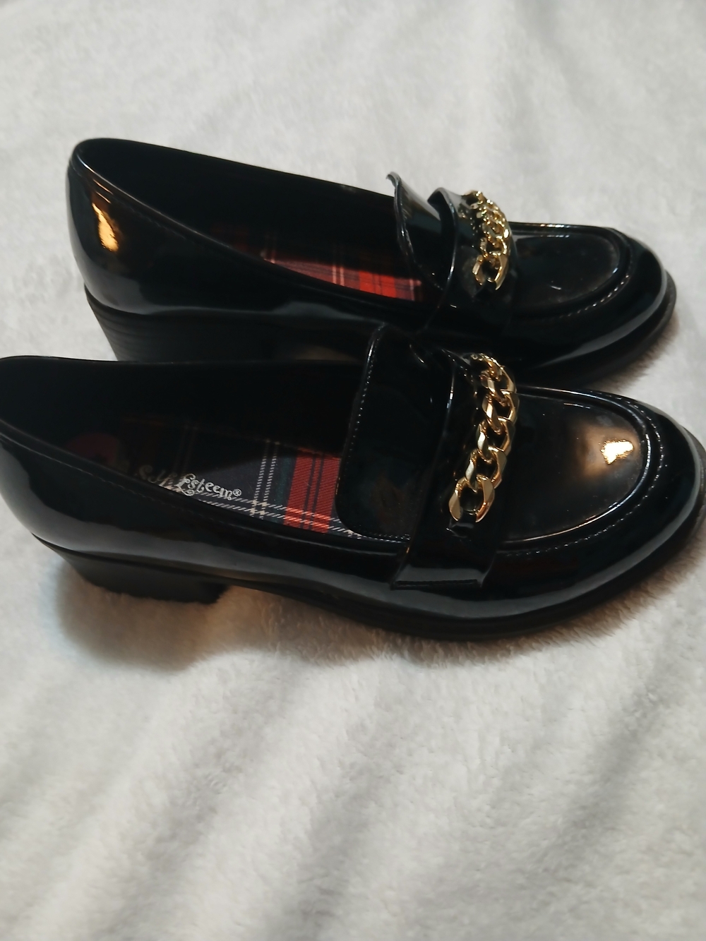Self Esteem Black Patent Loafers with Gold Chain Accent